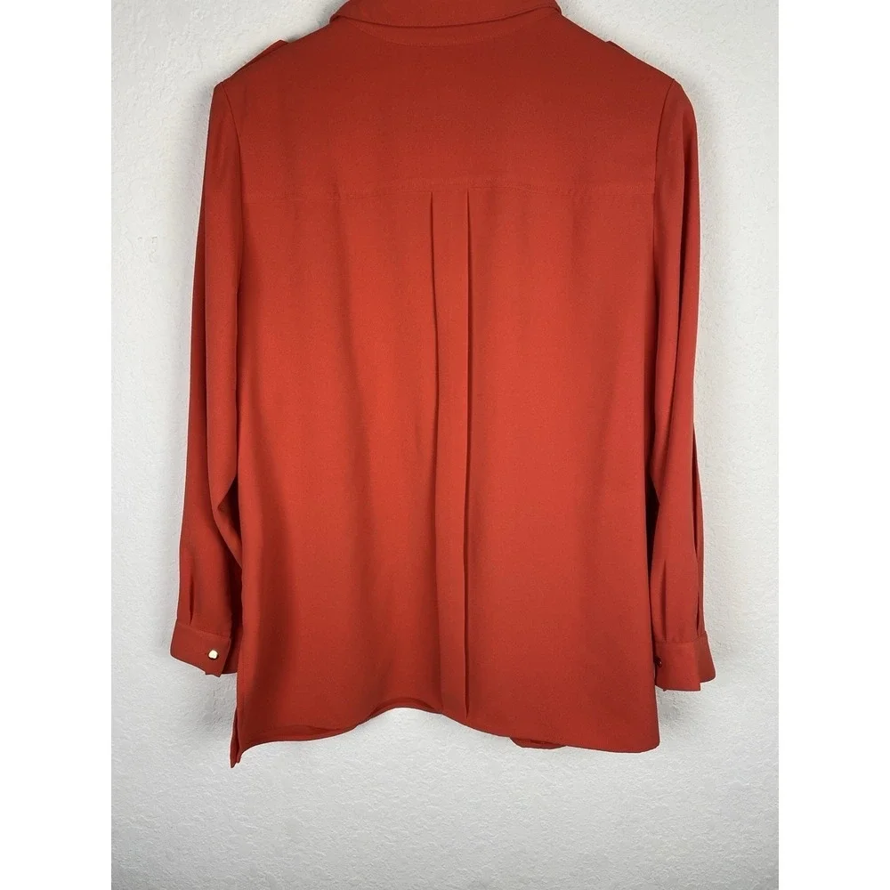Chicos Size 2 L Utility Jacket Orange Gold Button Cargo Pocket Military Shirt